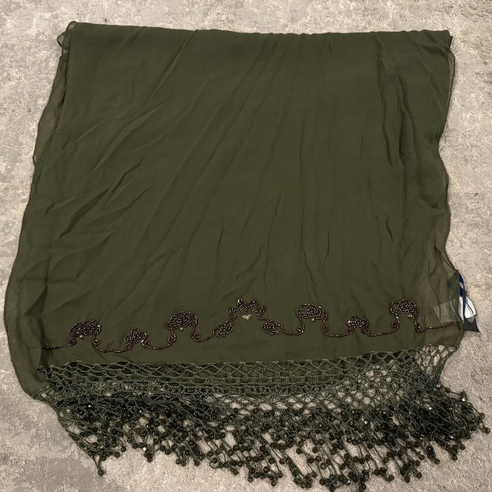 Designer Sue Wong SILK Evening Scarf Shawl Runner Large Olive Green Hand Bead #7